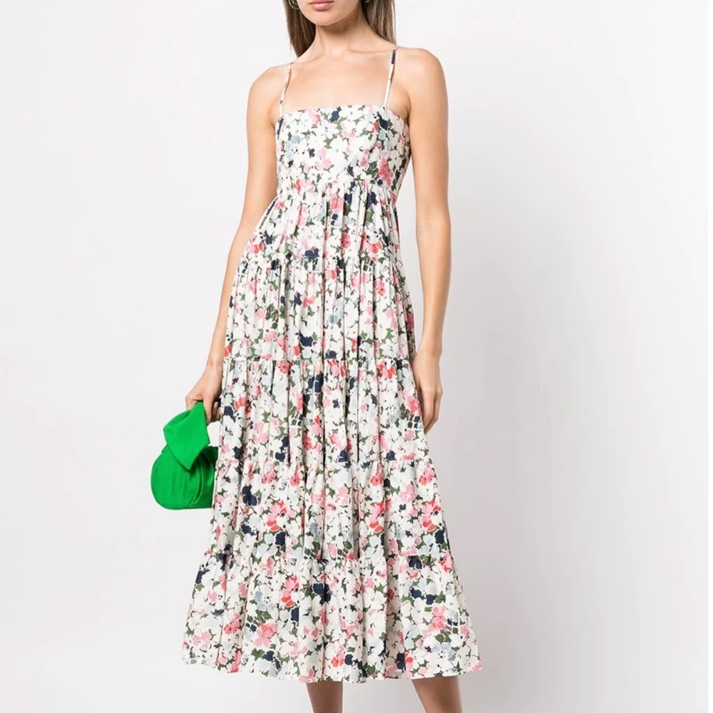 NWT CINQ À SEPT Gavin Floral Print Tiered Cotton Maxi Dress - Papyrus Multi